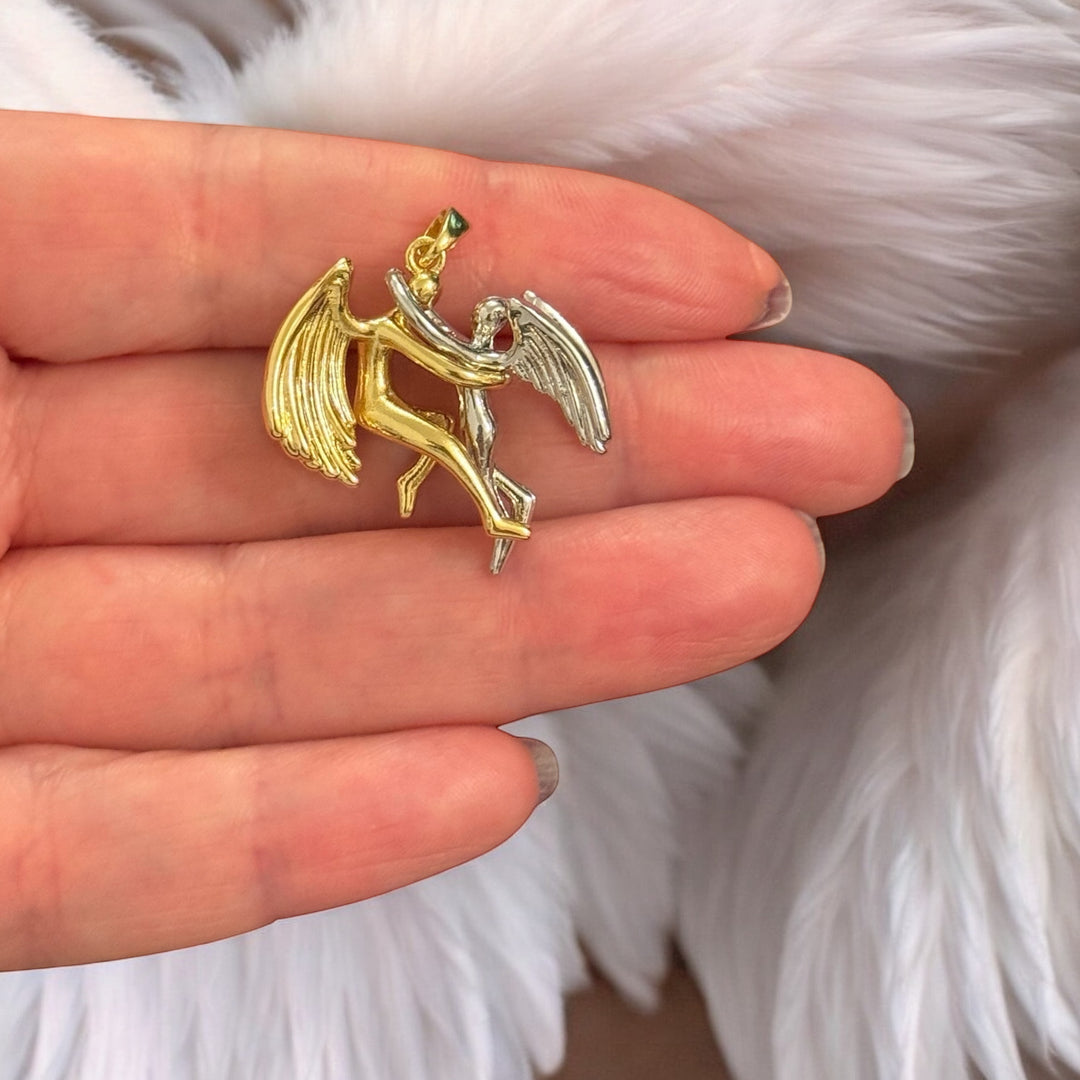 Eternal Love Angels Pendant – Two-Tone Gold &amp; Rhodium Embracing Angel Couple