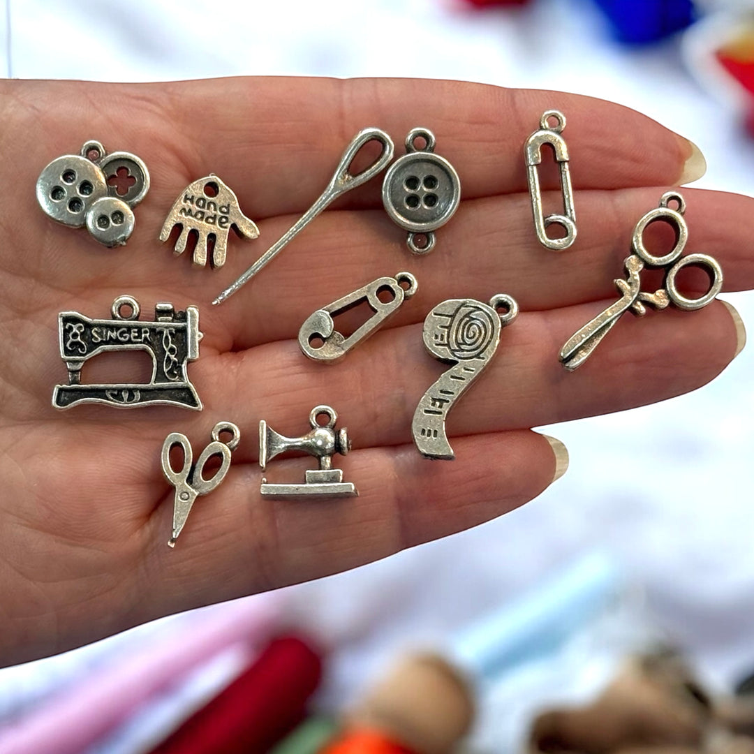 Antique Silver Plated Sewing Charms Collection, 11 Charms in a pack
