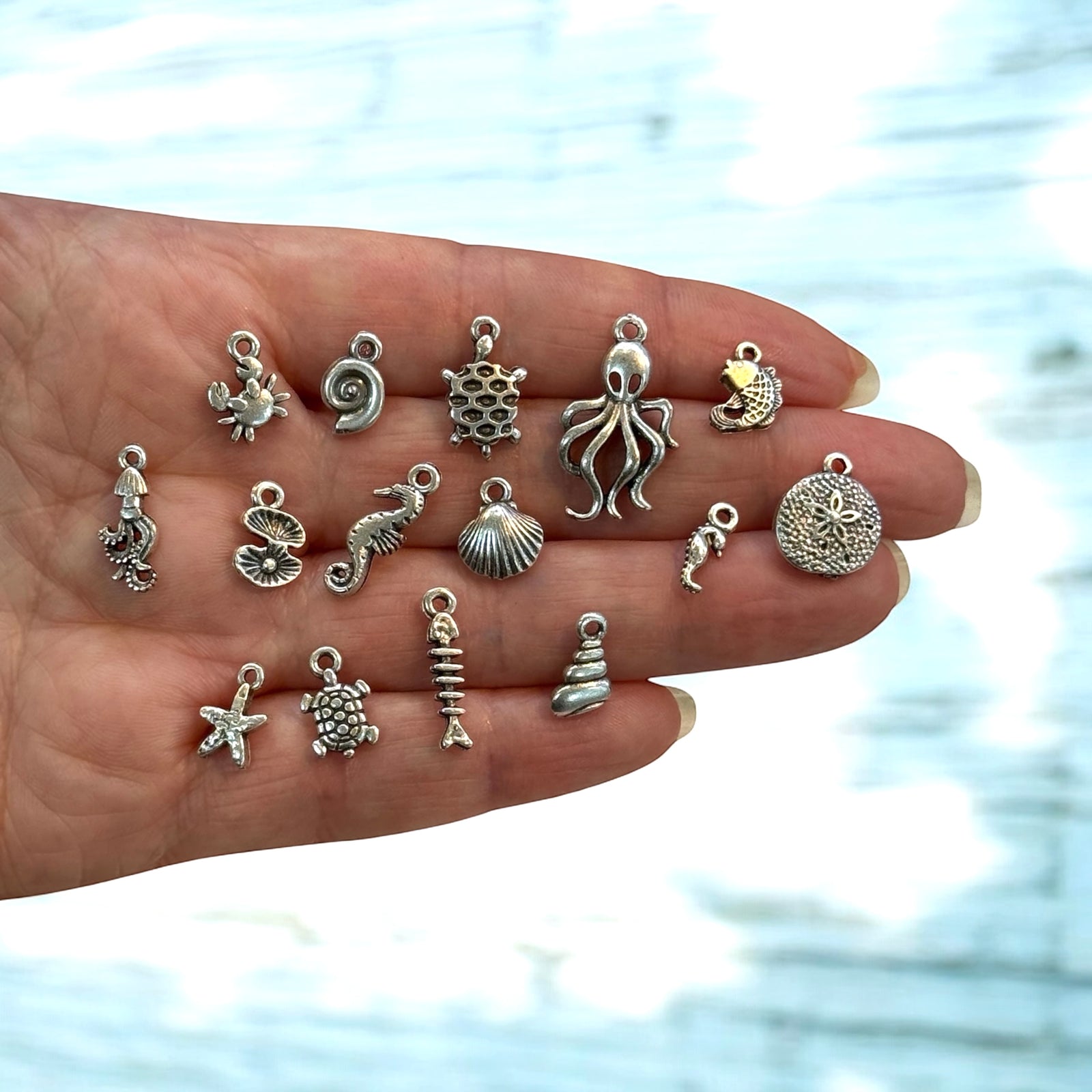 Antique Silver Plated Under The Sea Charms Collection, 15 Charms in a pack