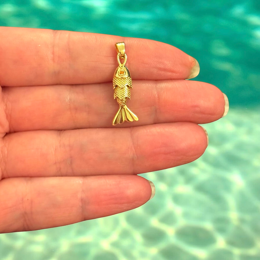 24K Gold Plated Articulated Gold Fish Pendant – 3D Moving Fish Charm, 3-Segment Design