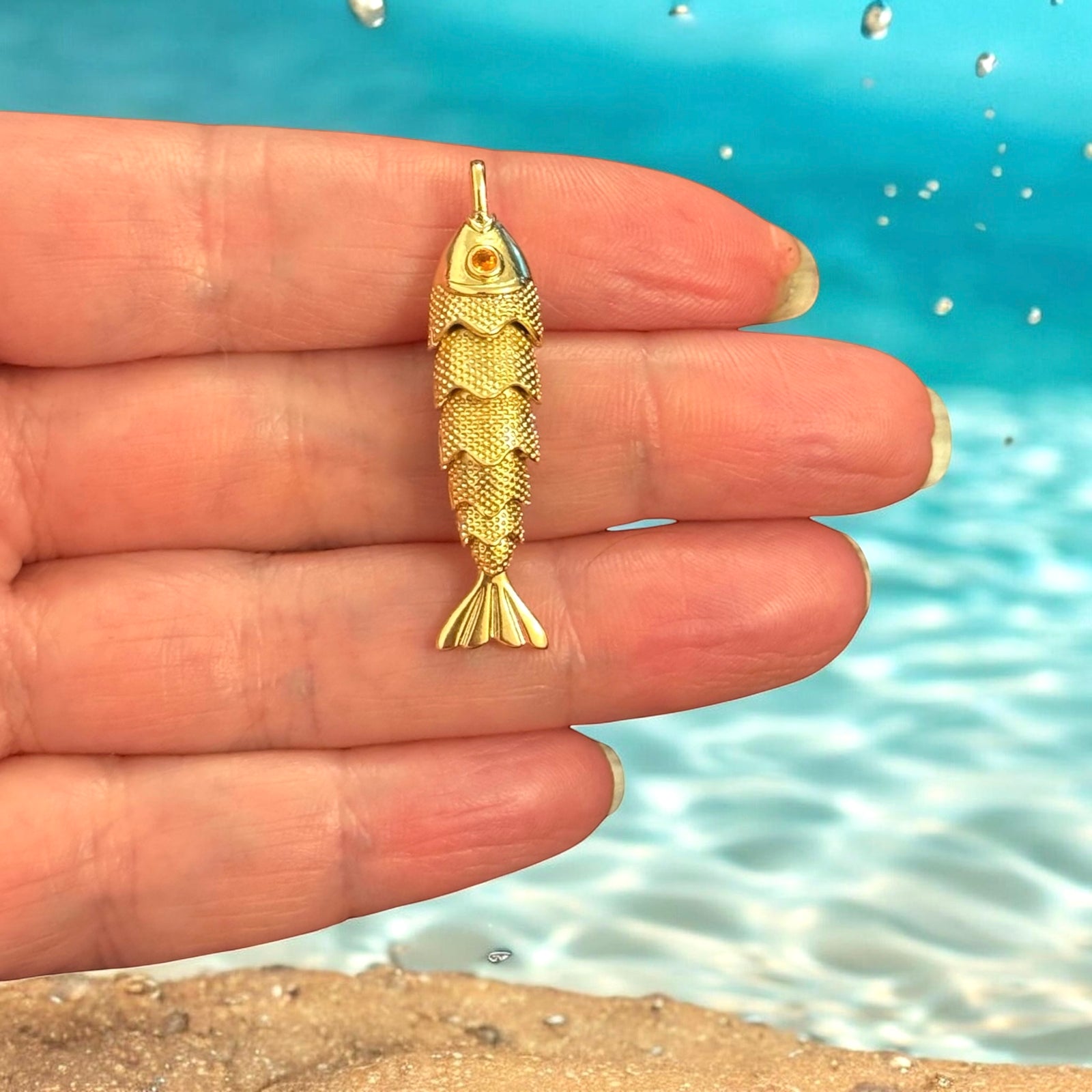 24K Gold Plated Articulated Gold Fish Pendant – 3D Moving Fish Charm, 6-Segment Design,