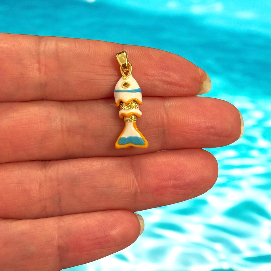 24Kt Gold Plated Enamel Fish Pendant – Articulated Fish Charm, 3D 3-Segment Design