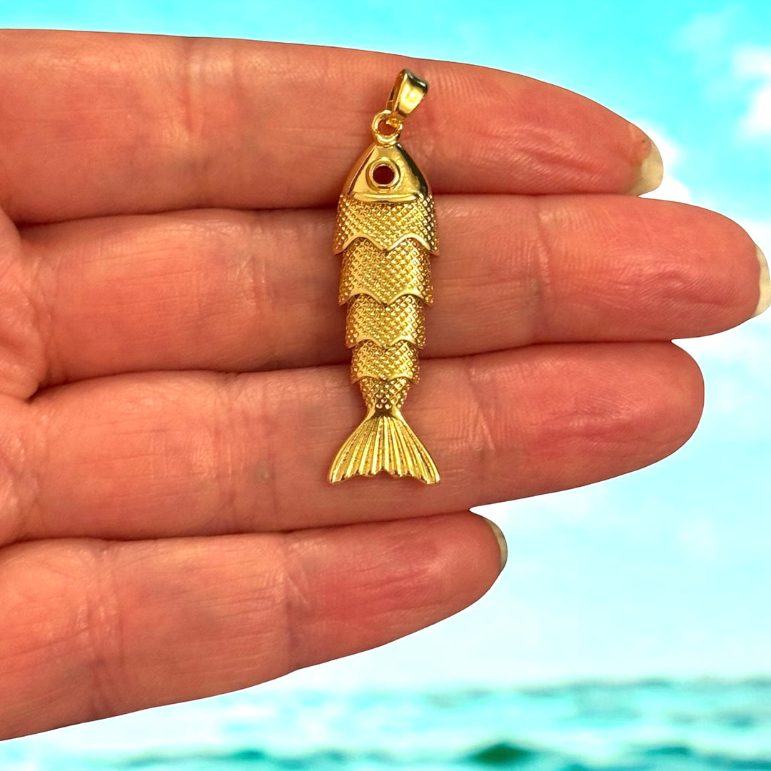 24Kt Gold Plated Fish Pendant Charm – Textured Scale, Hollow Back,