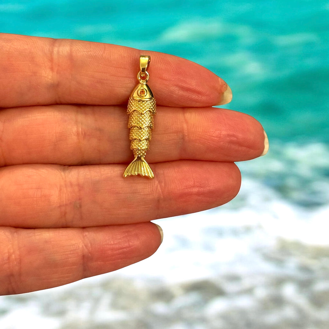 24Kt Gold Plated Fish Pendant Charm – Textured Scale, Hollow Back
