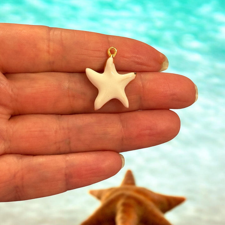 White Enamel Starfish Pendant – 24Kt Gold Plated, 25x19mm