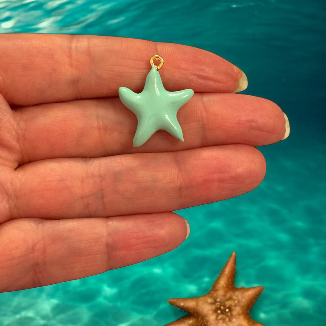 Turquoise Starfish Charm – 24Kt Gold Plated Enamel, 25x19mm