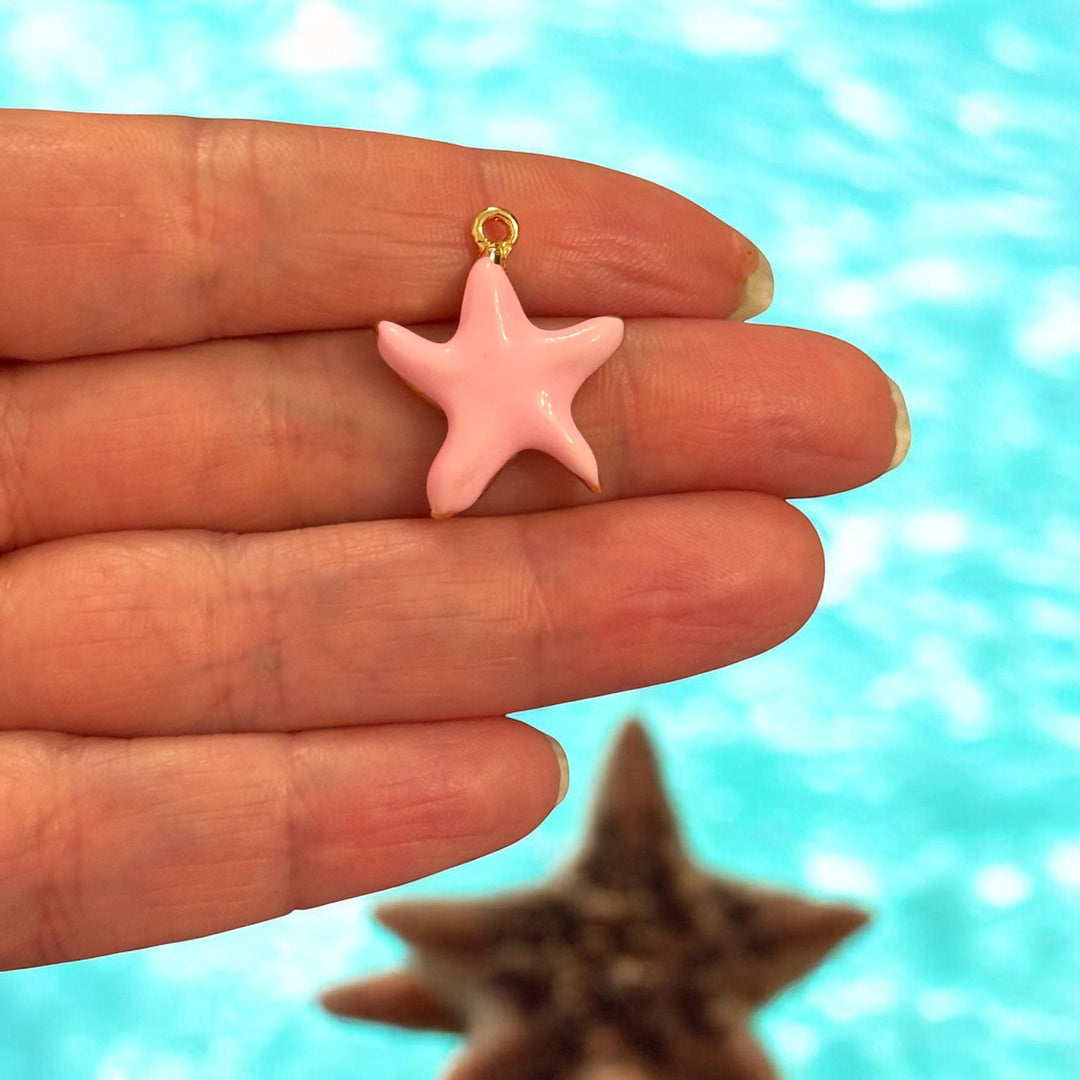Pink Starfish Charm – 24Kt Gold Plated Enamel, 25x19mm