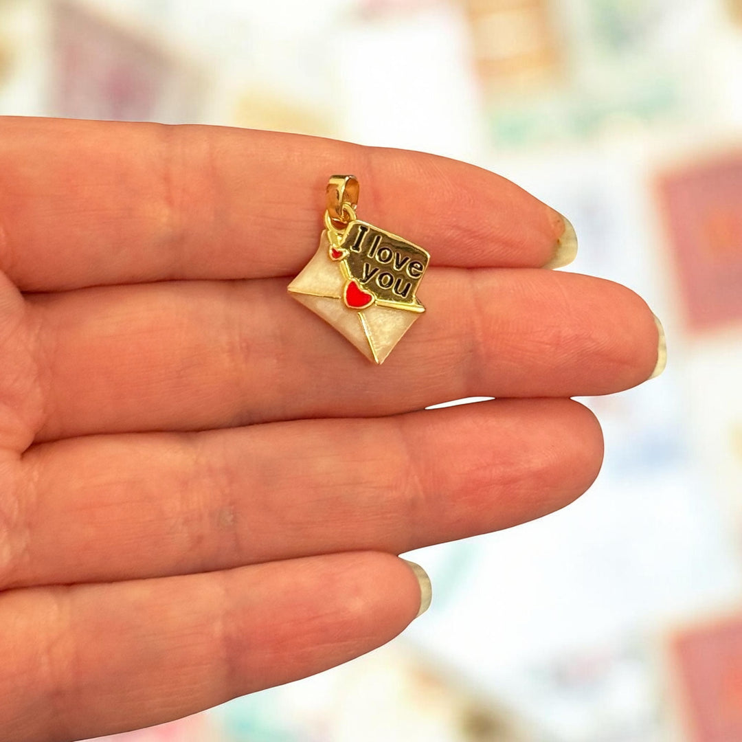 24Kt Gold Plated “I Love You” Envelope Charm – Enamel Love Letter Pendant