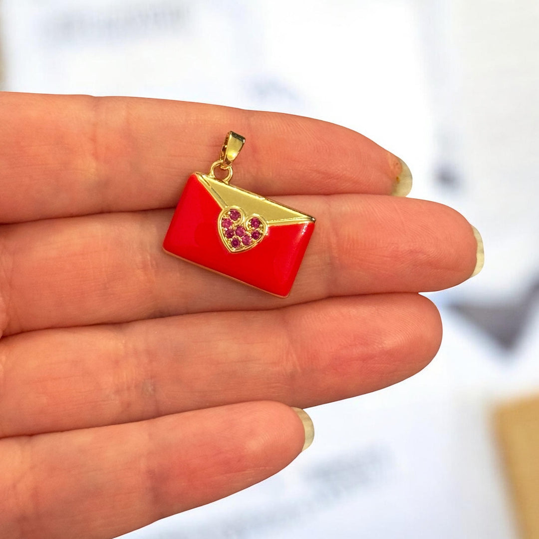 24Kt Gold Plated Red Enamel Love Letter Charm with CZ Heart