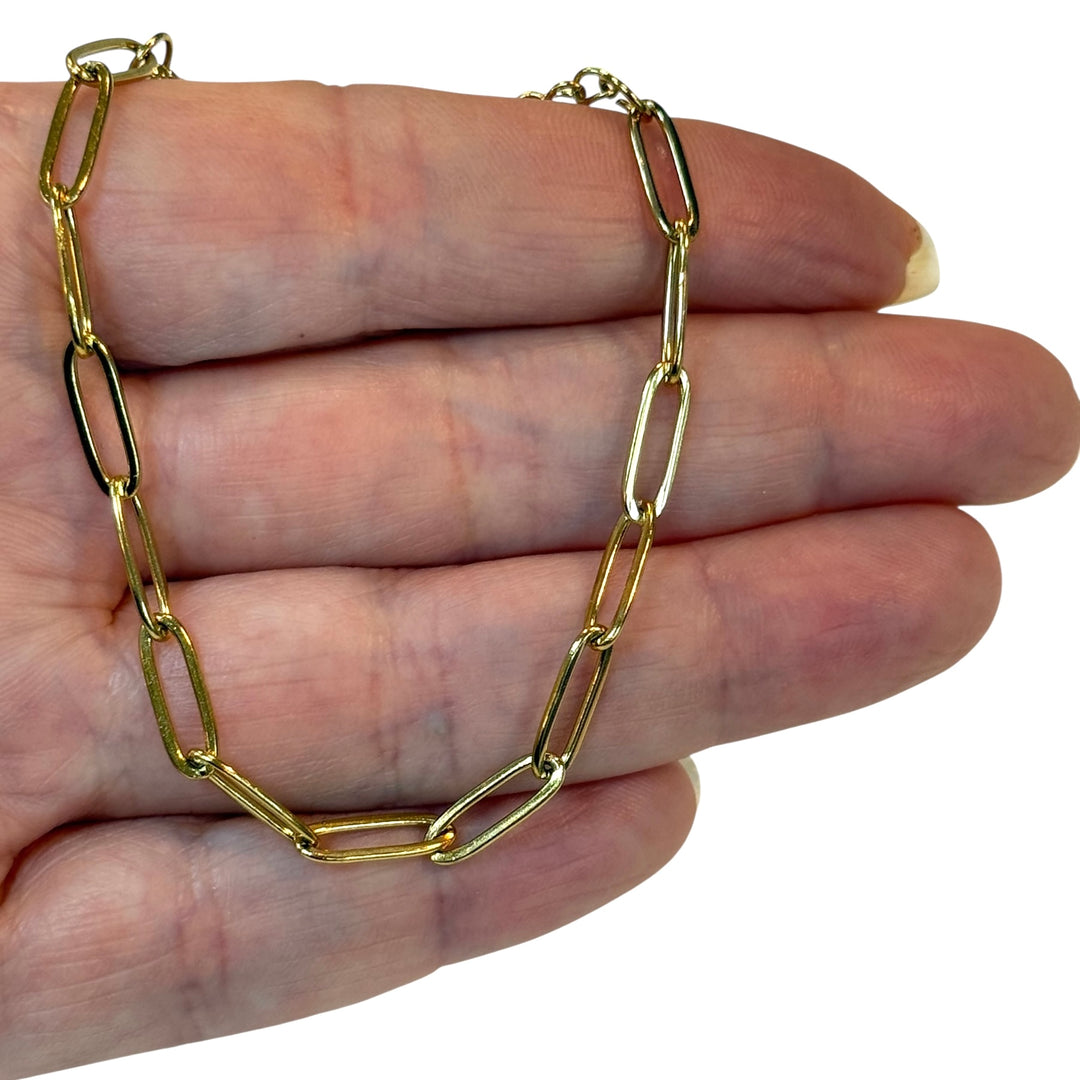 Waterproof Stainless Steel 24Kt Gold PVD Paperclip Chain Bracelet – 11x4mm Links, Adjustable 6” + 2” Extender