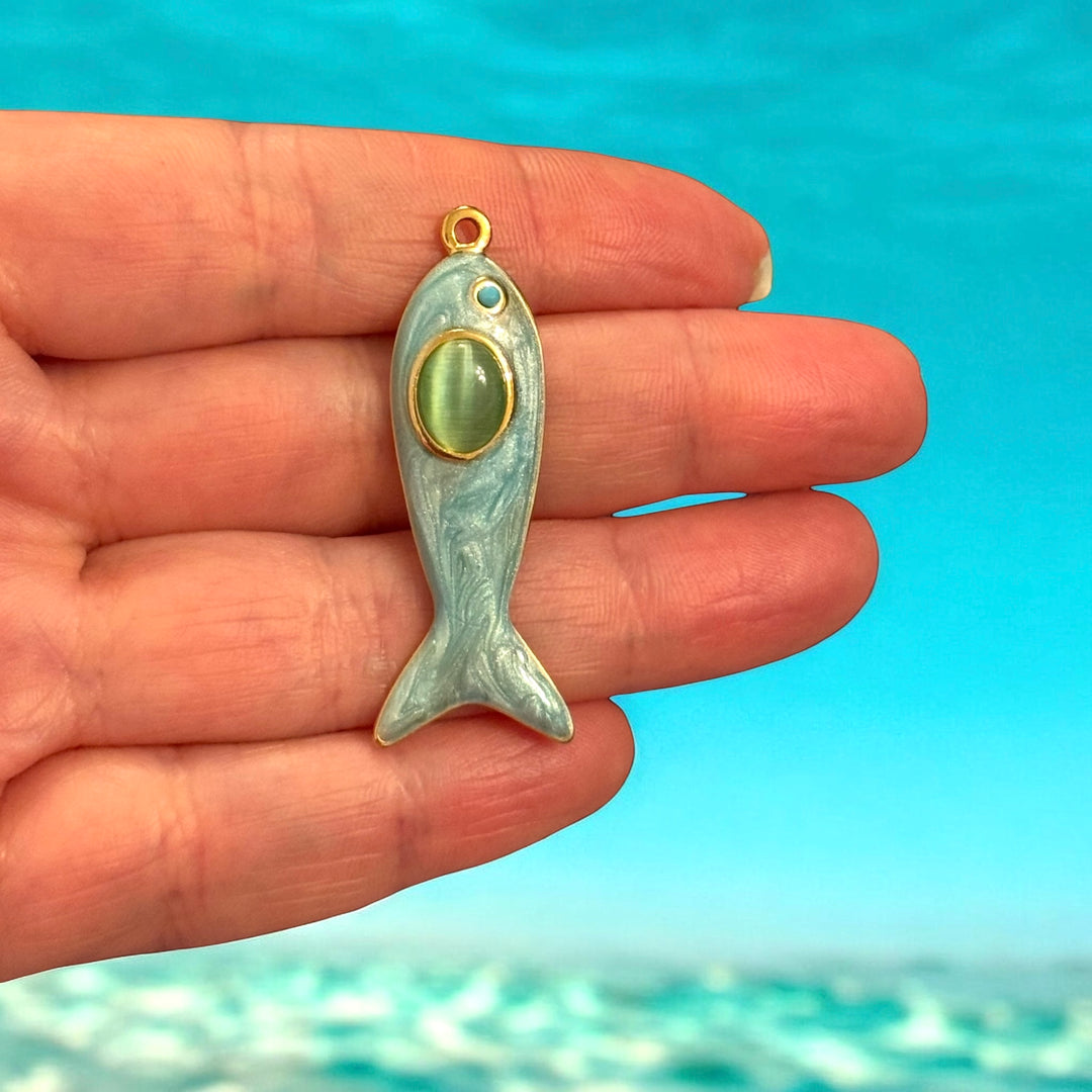 Stainless Steel 24K PVD Gold Plated Blue Enamel Fish Pendant