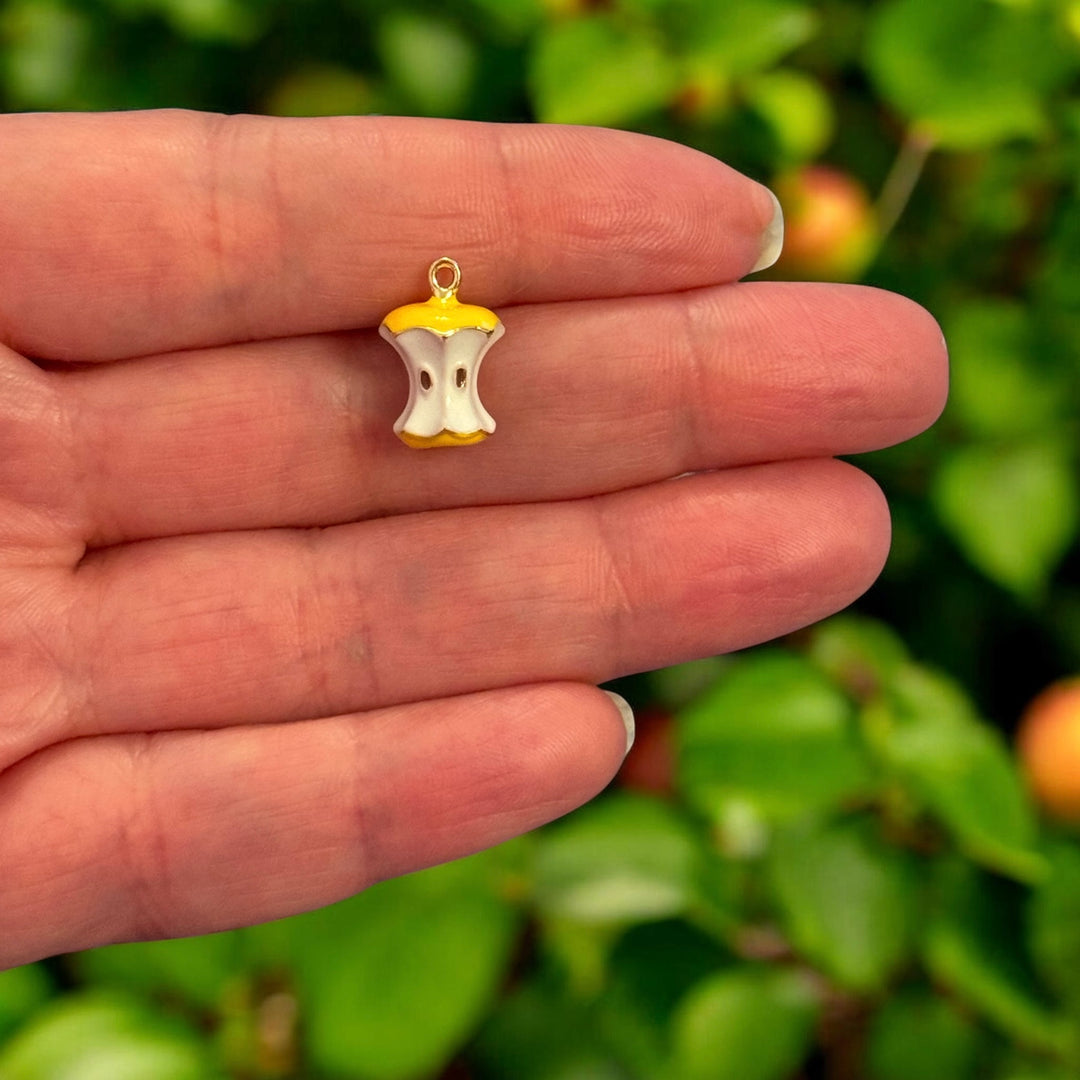 Yellow Apple Core Charm – 3D Enamel Fruit Pendant (15x10mm) | 24Kt Gold Plated Brass