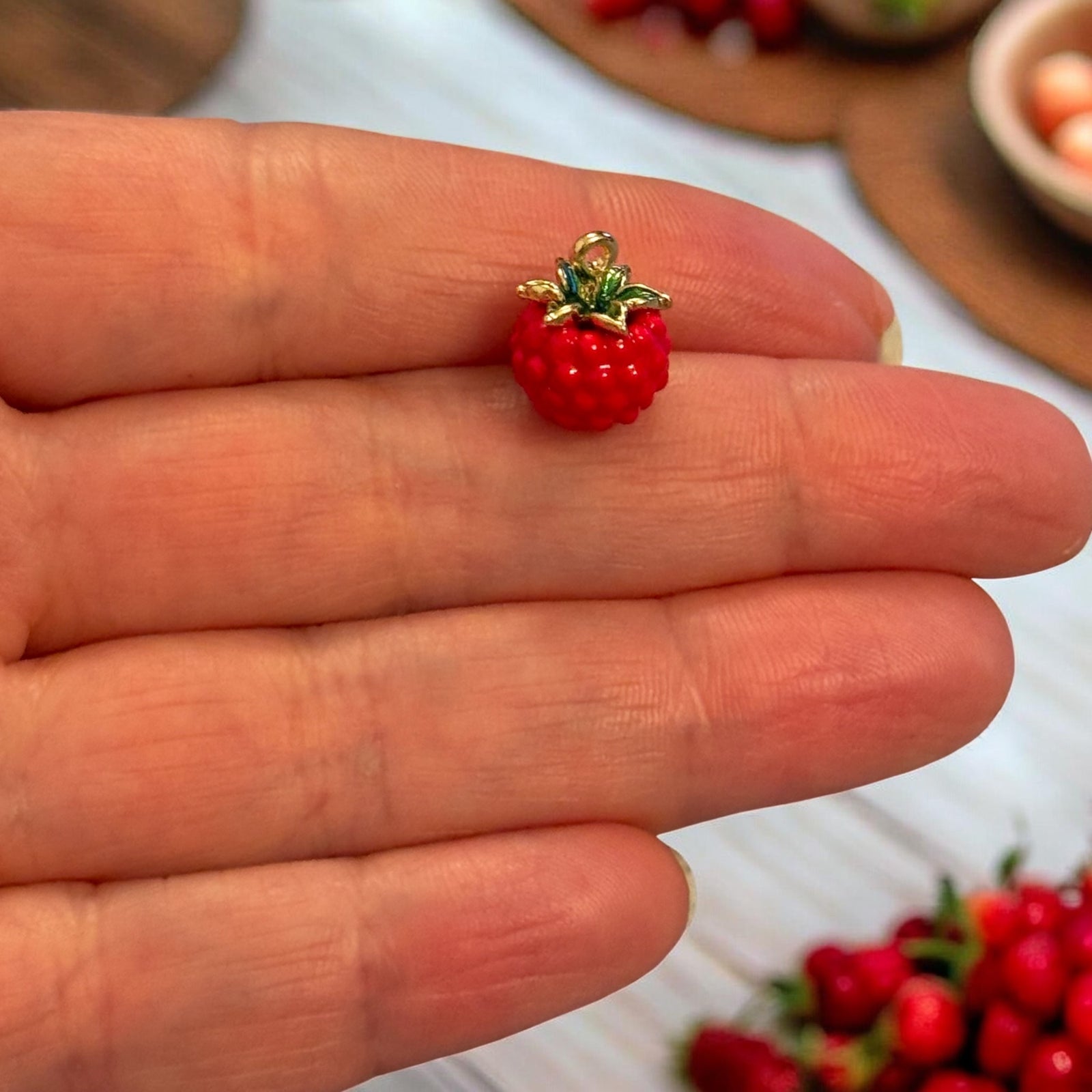 3D Raspberry Charm – 24K Gold Plated Enamel Pendant