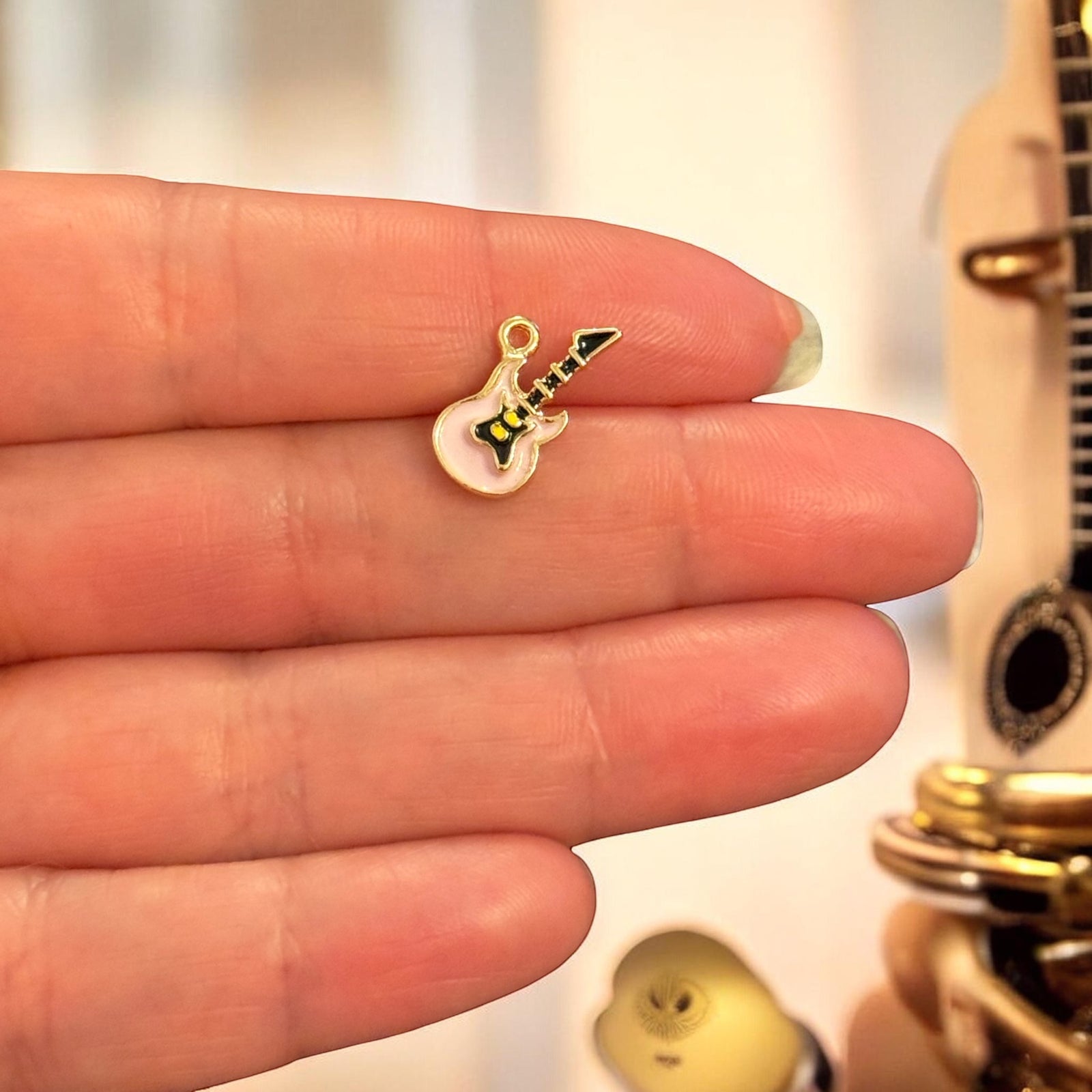 Pink Electric Guitar Charm, Enamel Guitar Pendant, Music Charm