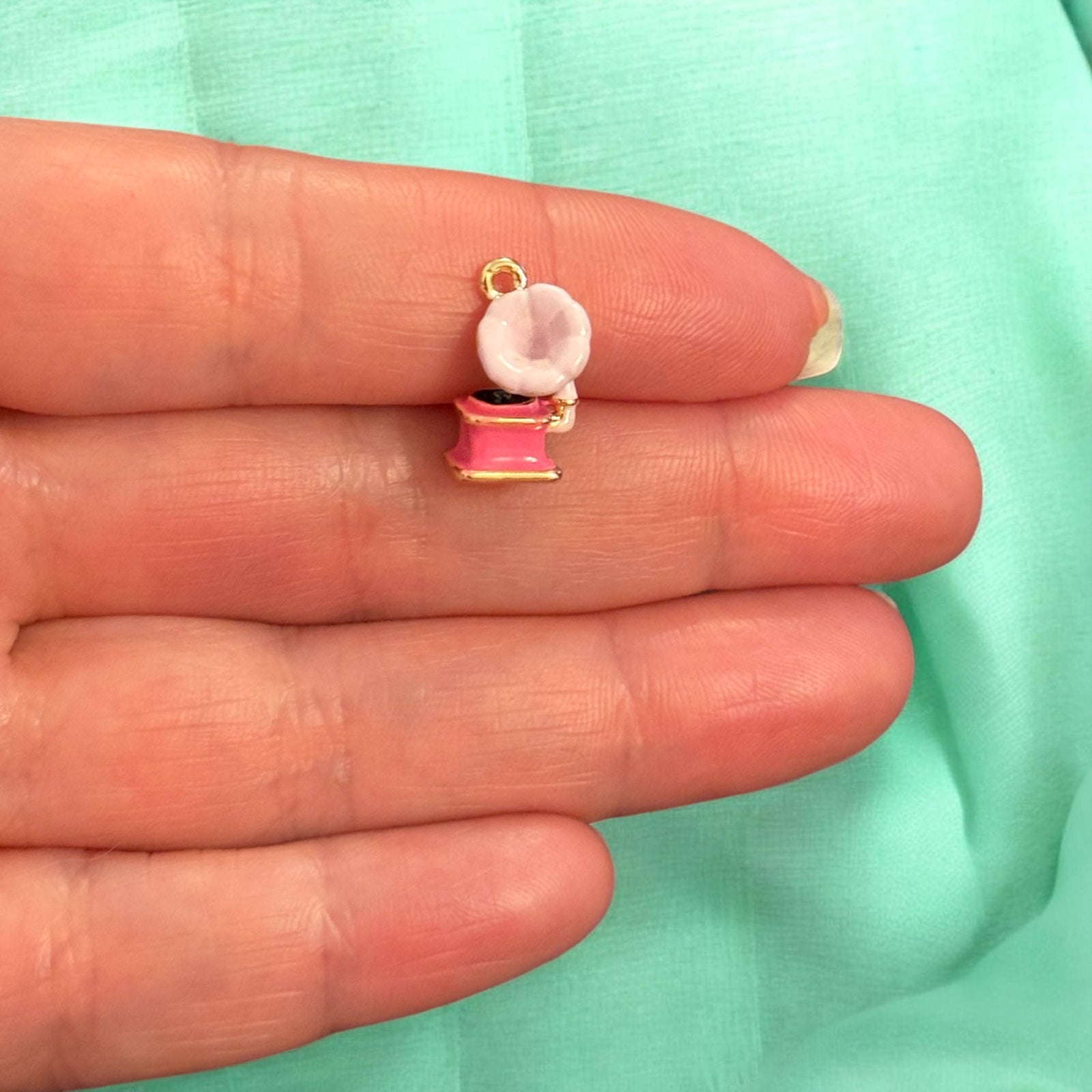 Pink Gramophone Charm, Vintage Record Player Pendant, Retro
