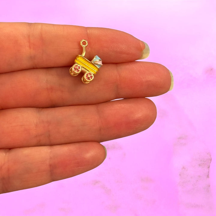 Yellow Baby Stroller Enamel Charm, Baby Pram Charm