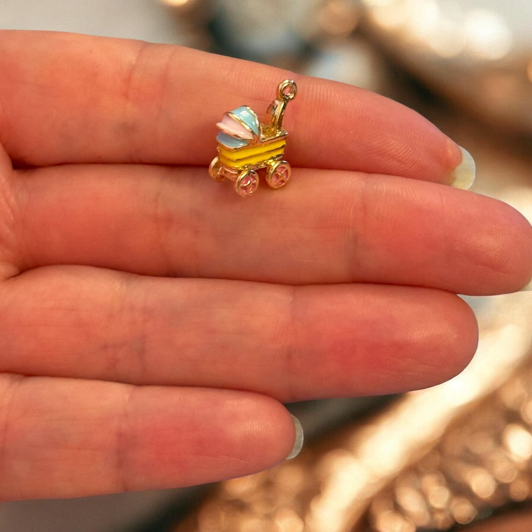 Yellow Baby Stroller Enamel Charm, Baby Pram Charm