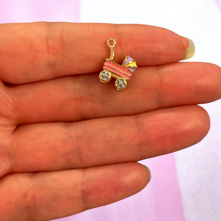 Pink Baby Stroller Enamel Charm, Baby Pram Charm
