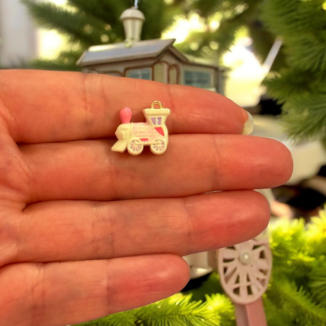 Cream Train Charm, Enamel Locomotive Pendant