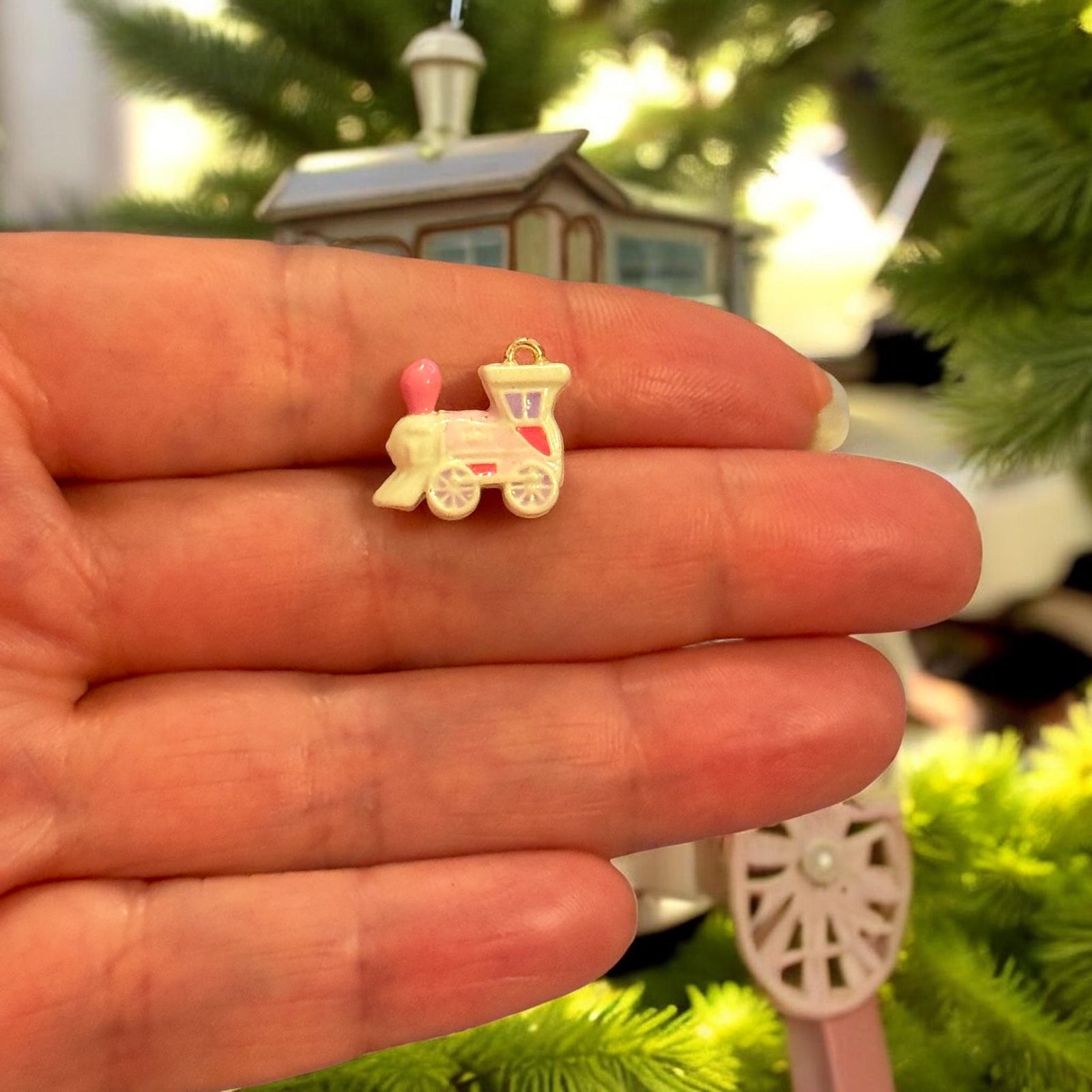 Cream Train Charm, Enamel Locomotive Pendant