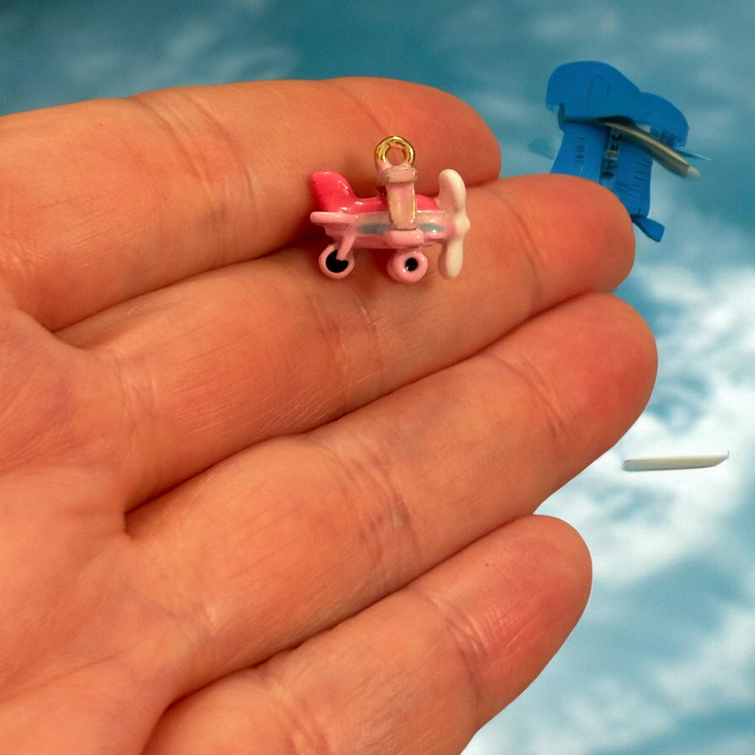 Pink Vintage Airplane Charm, Enamel Plane Pendant