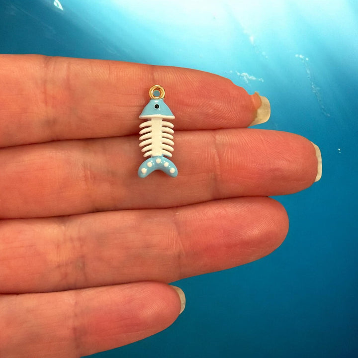 Fish Bone Enamel Charm, 3D Fish Skeleton Pendant