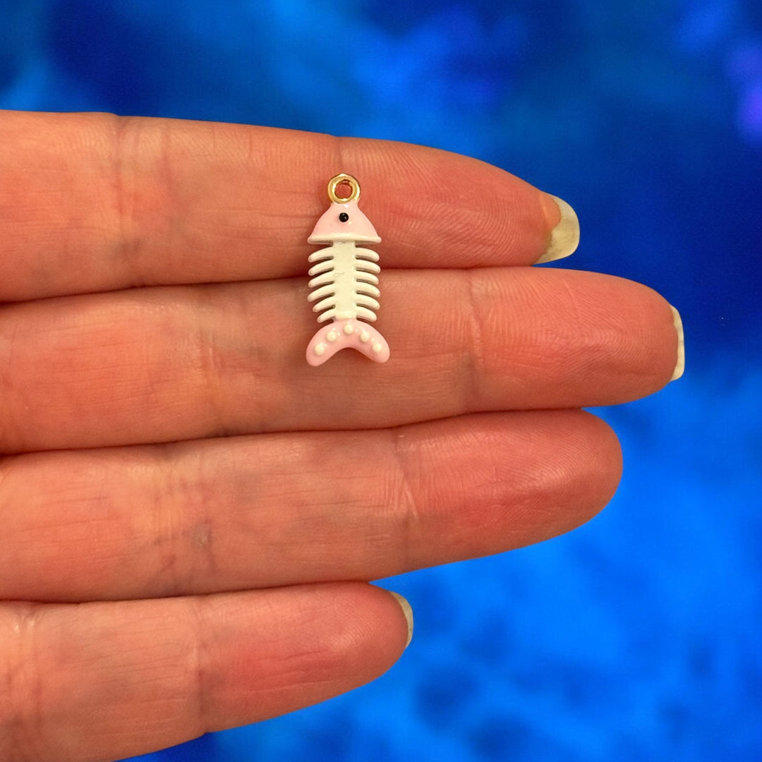 Fish Bone Enamel Charm, 3D Fish Skeleton Pendant