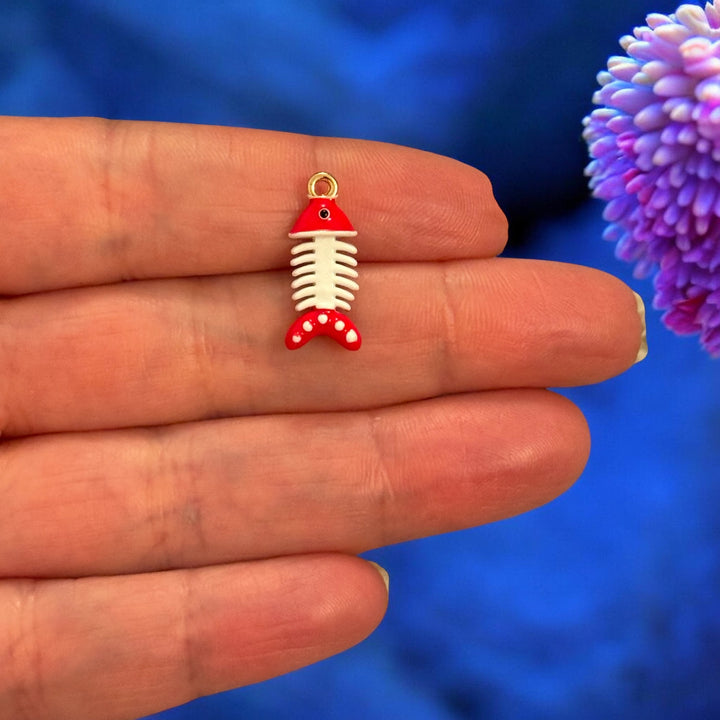 Fish Bone Enamel Charm, 3D Fish Skeleton Pendant