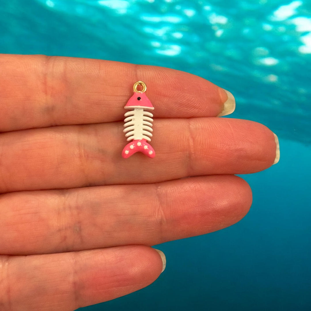 Fish Bone Enamel Charm, 3D Fish Skeleton Pendant