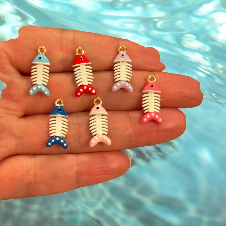 Fish Bone Enamel Charm, 3D Fish Skeleton Pendant