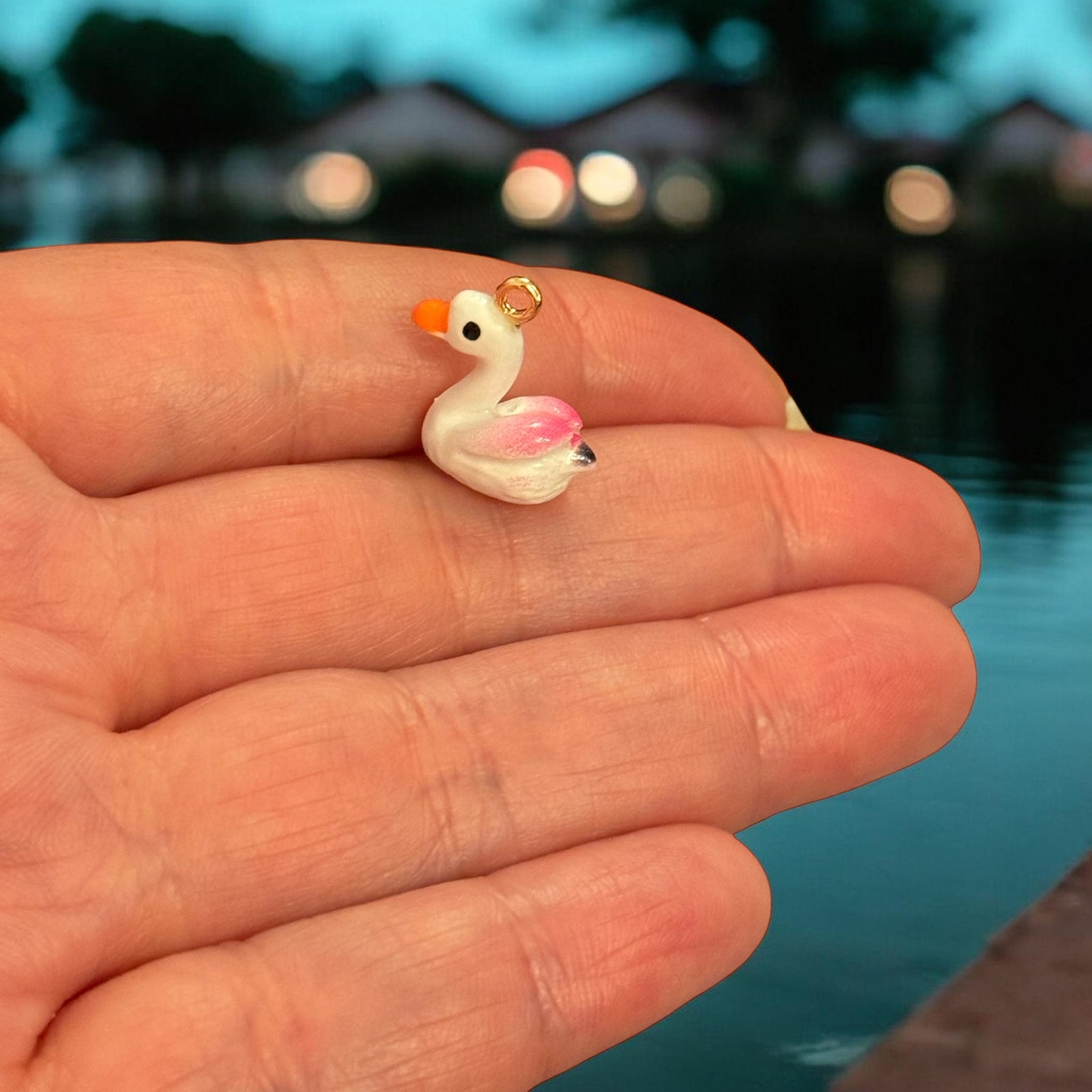 White Swan Enamel Charm with Pink Wings