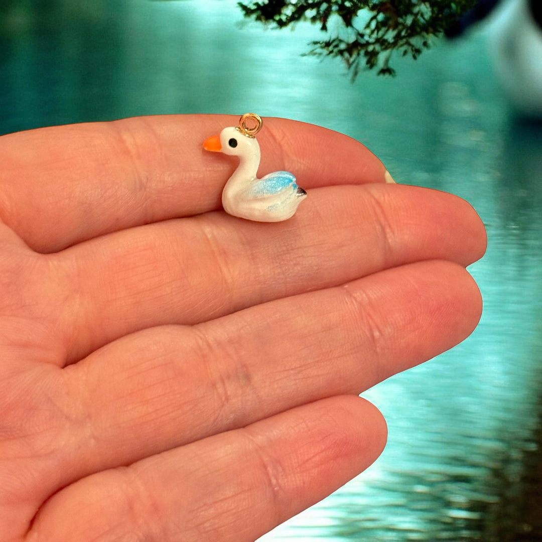 White Swan Enamel Charm with Blue Wings