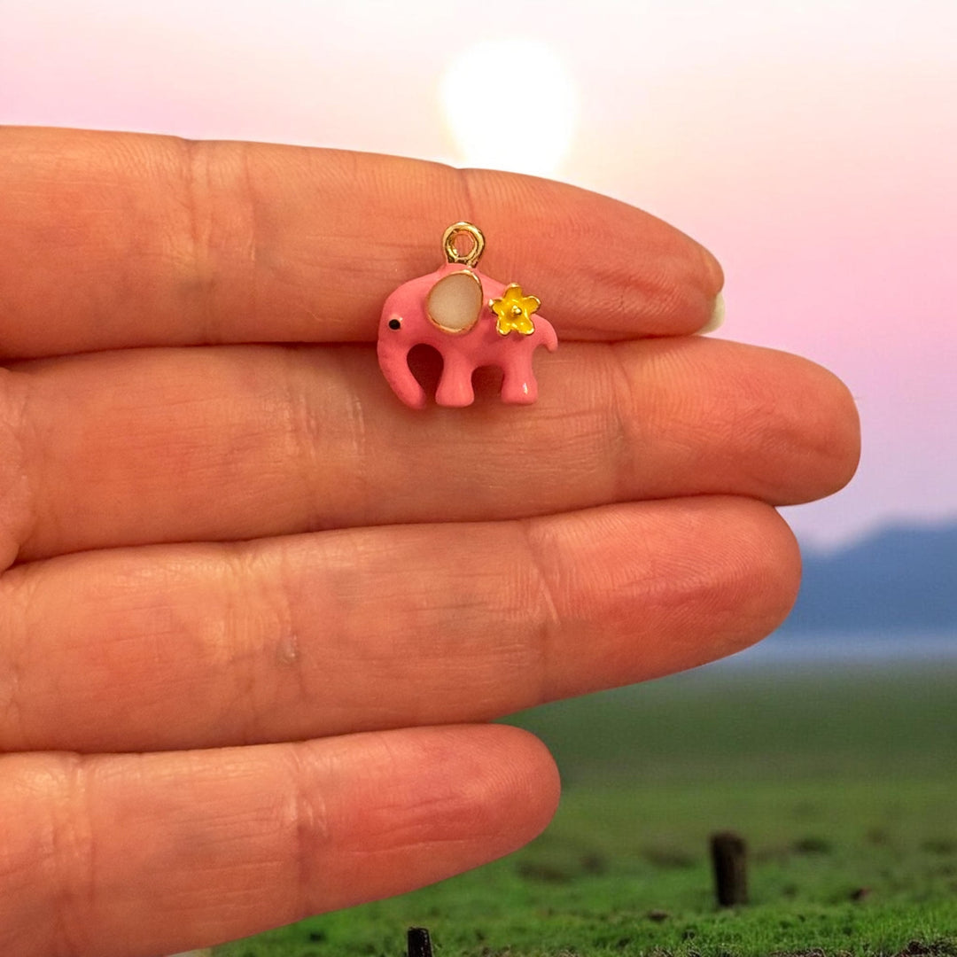 Pink Elephant Enamel Charm with Flower, Cute Elephant Pendant