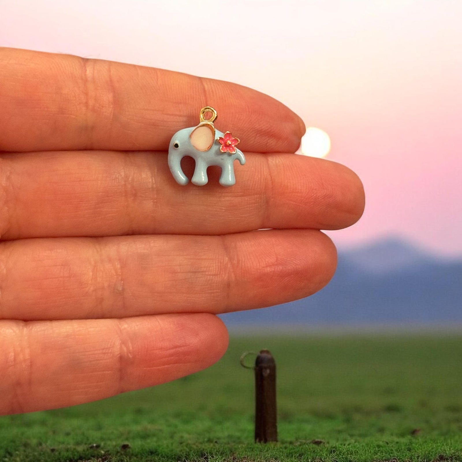 Blue Elephant Enamel Charm with Flower, Cute Elephant Pendant