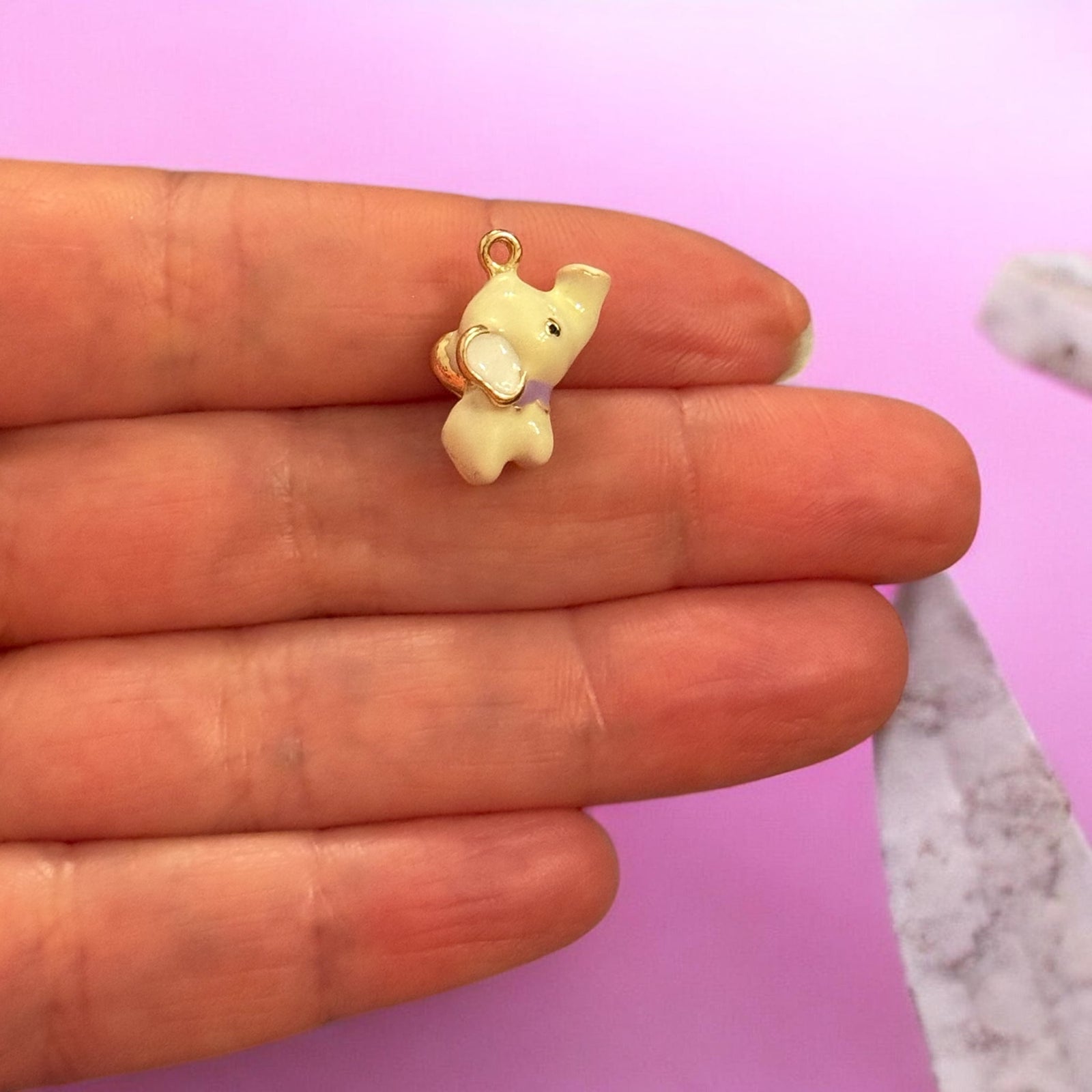 Cream Elephant Enamel Charm with Wings, Cute Flying Elephant Pendant