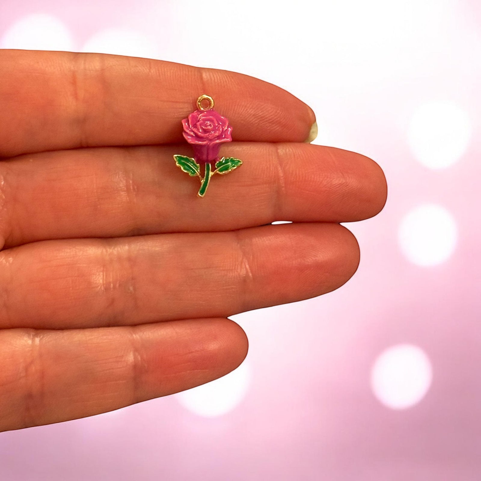 Pink Rose Enamel Charm, Flower Charm