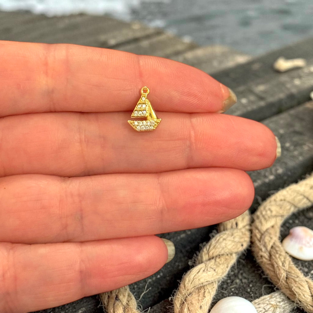 CZ Sailboat Charm – 24Kt Gold Plated Boat Pendant