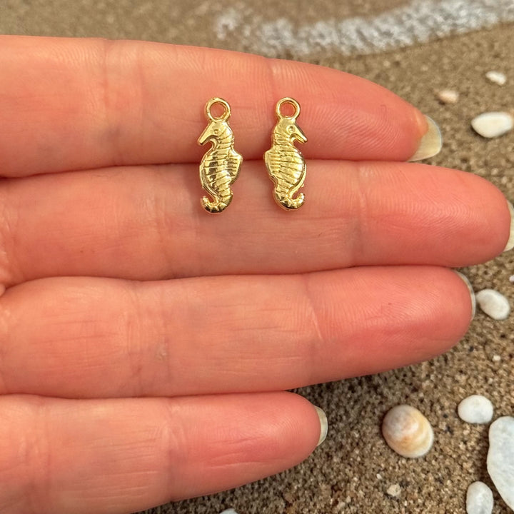 24Kt Gold Plated 3D Seahorse Charms, Tiny Nautical Pendants, Ocean Earring Pair