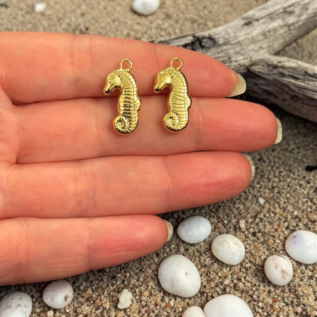 24Kt Gold Plated 3D Seahorse Charms, Nautical Ocean Pendants, Earring Pair