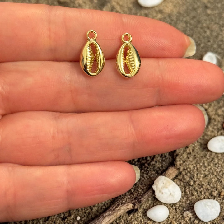 24Kt Gold Plated 3D Cowrie Shell Charms, Mini Nautical Pendants, Earring Pair