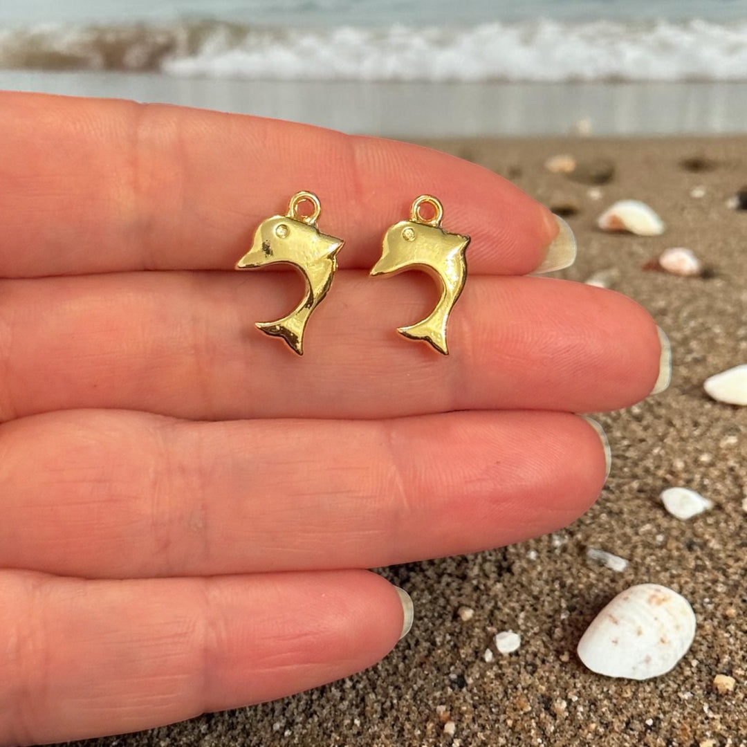 24Kt Gold Plated 3D Dolphin Charms, Mini Nautical Pendants, Earring Pair