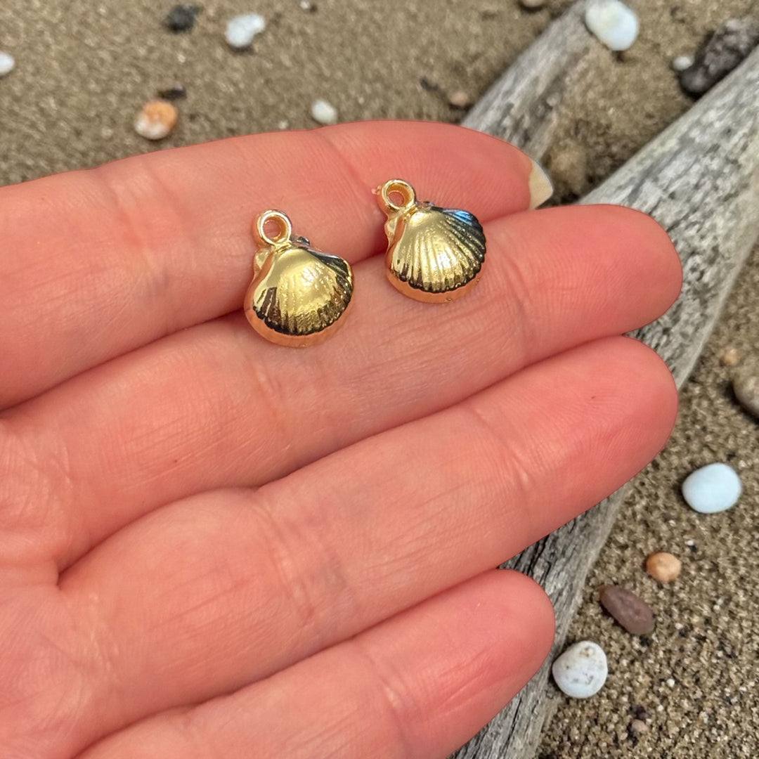 24Kt Gold Plated Scallop Shell Charms, Mini Nautical Pendants, Earring Pair