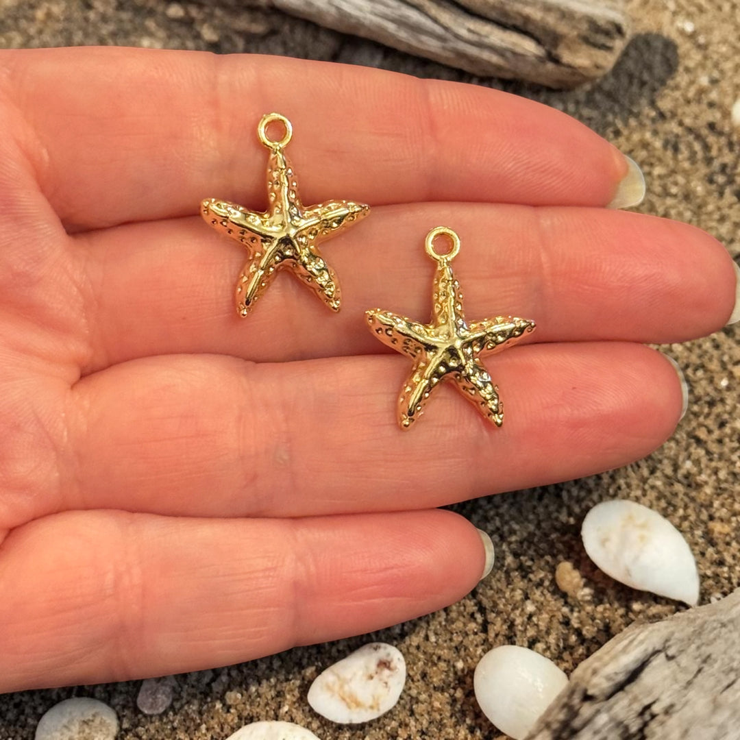 24Kt Gold Plated Starfish Charms, Mini Nautical Pendants, Earring Pair