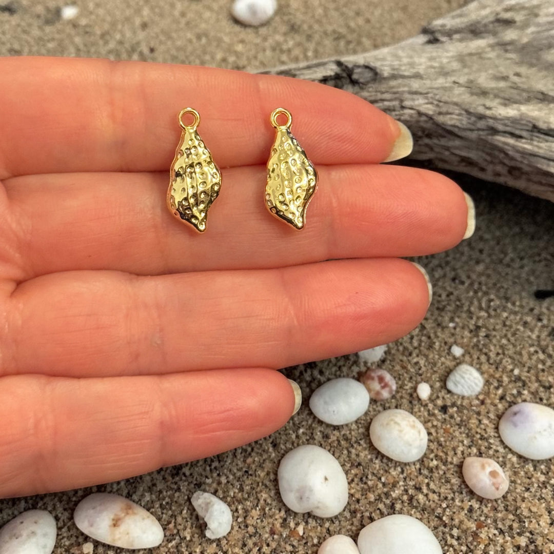 24Kt Gold Plated 3D Spiral Shell Charms, Mini Nautical Pendants, Earring Pair