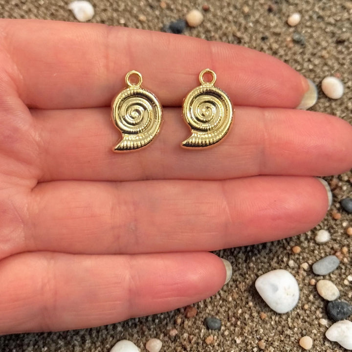 24Kt Gold Plated Spiral Shell Charms, Mini Nautical Pendants, Earring Pair