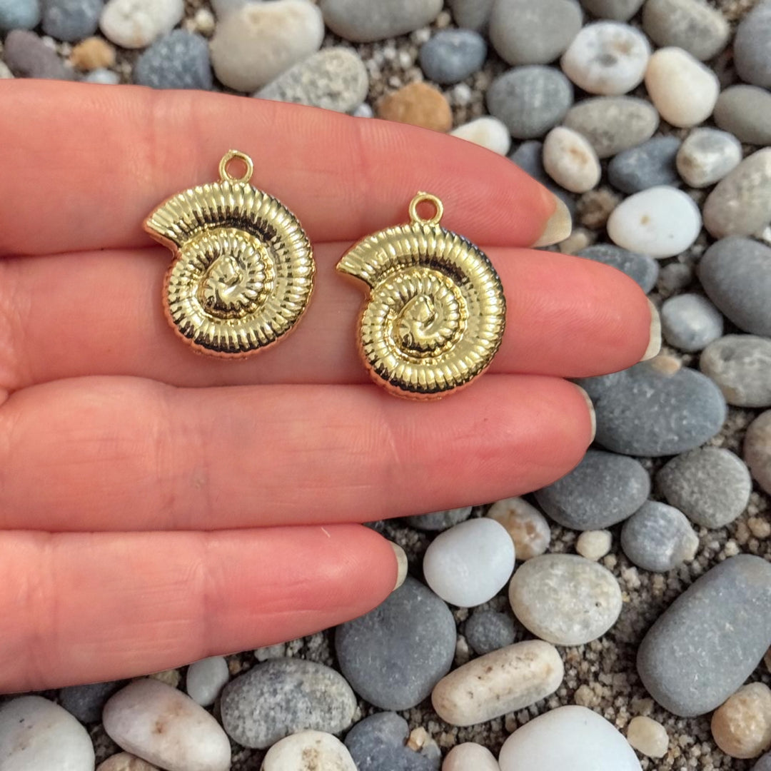 24Kt Gold Plated Spiral Shell Charms, Mini Nautical Pendants, Earring Pair