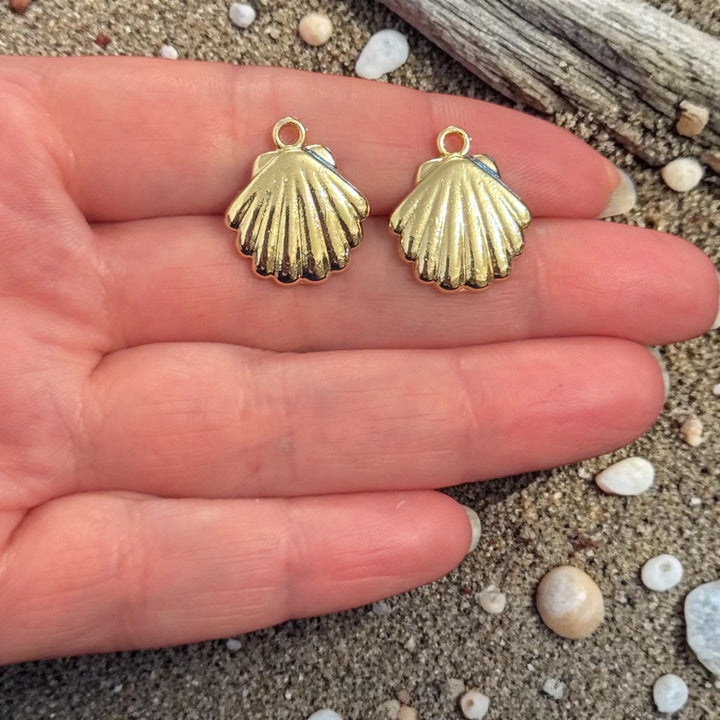 24Kt Gold Plated Scallop Shell Charms, Mini Nautical Pendants, Earring Pair
