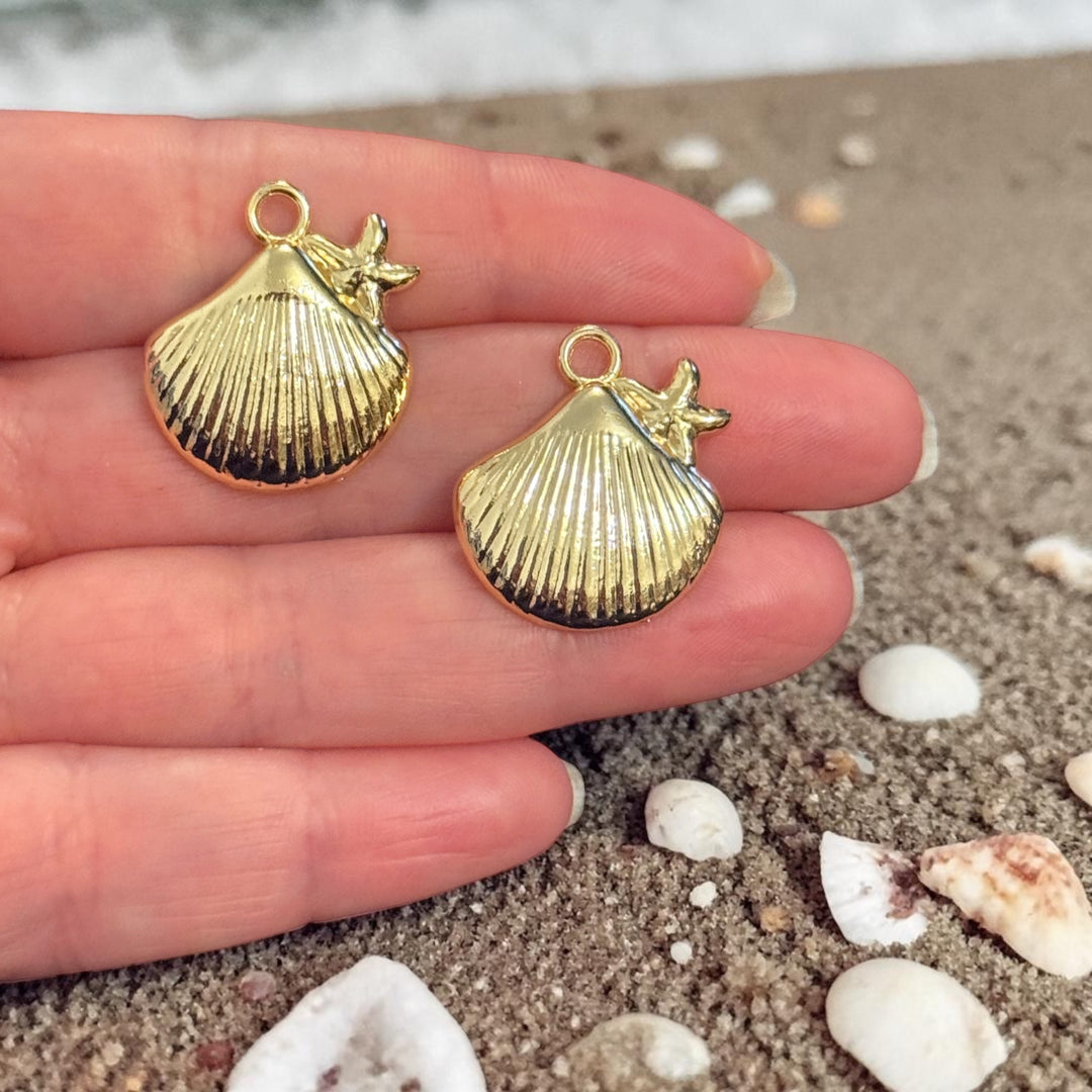 24Kt Gold Plated Scallop Shell with Starfish Charms, Nautical Pendants, Earring Pair