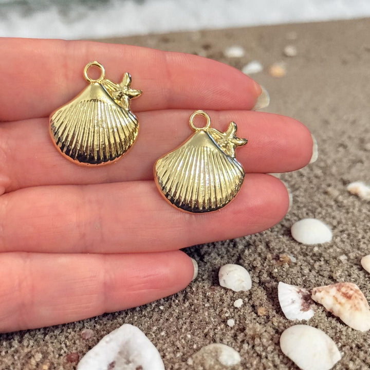 24Kt Gold Plated Scallop Shell with Starfish Charms, Nautical Pendants, Earring Pair
