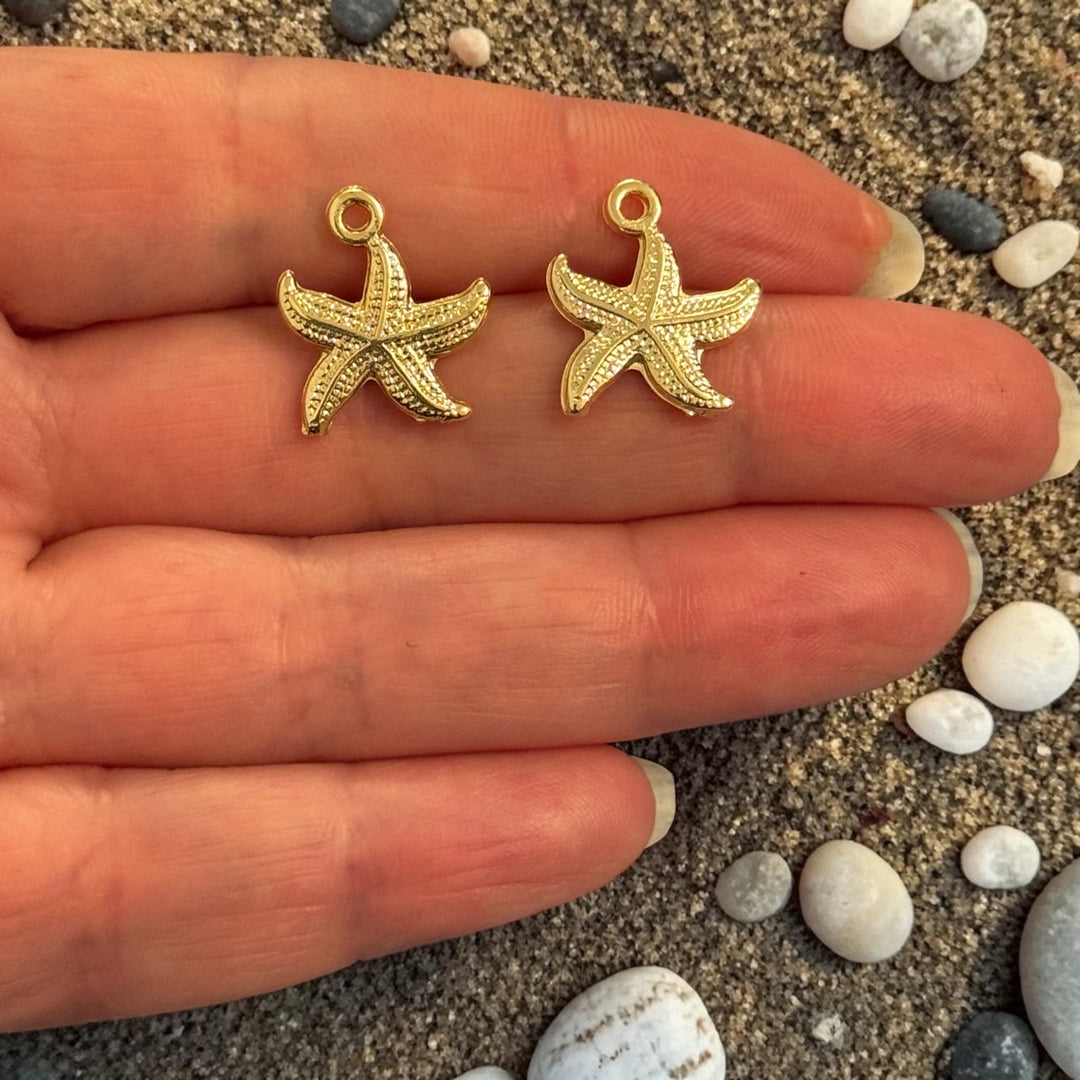 24Kt Gold Plated Textured Starfish Charms, Nautical Pendants, Earring Pair